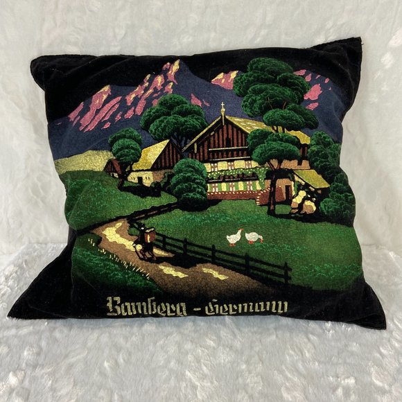 Vintage Black Velvet Baumberg Germany Souvenir Scene Pillow Front Hand Painted - Picture 4 of 9